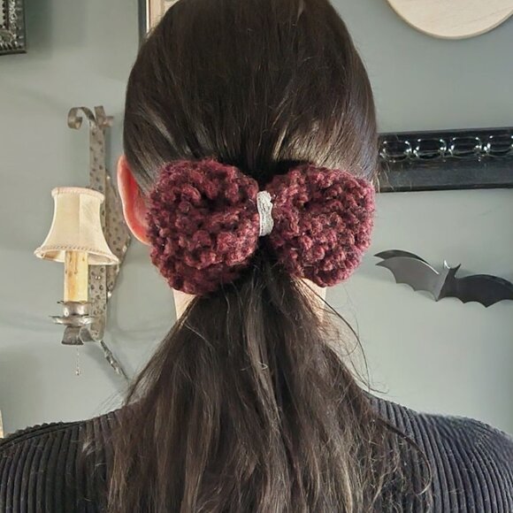 Knit Hair Bow, Handknitted Burgundy Ponytail Holder or Hair Band, "Vamp" - Picture 1 of 12